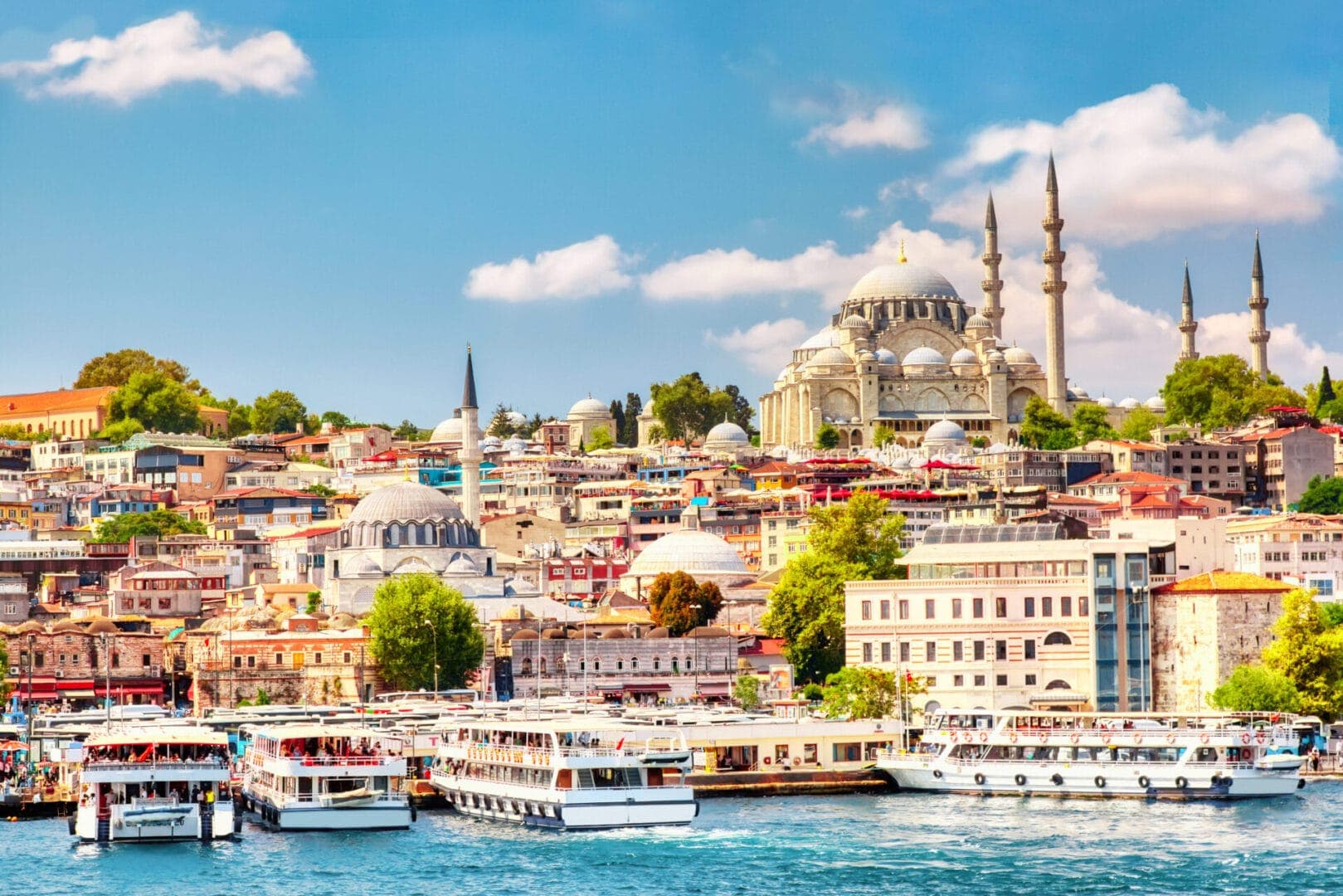 Istanbul's old city from the water, the Süleymaniye Mosque above the harbor.