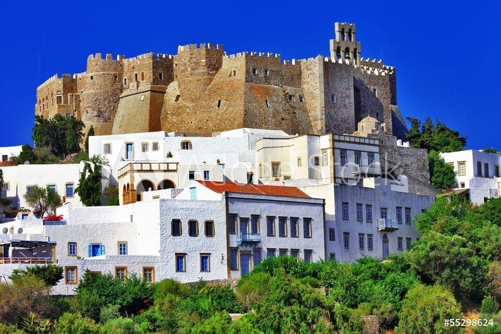 The Monastery of St John above the white houses of Chora, Patmos.